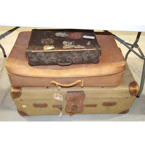 98 - A leather-bound trunk, 92cm long, a wicker hamper and other items.