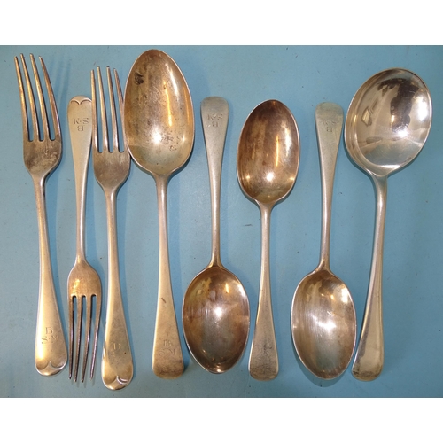 340 - A quantity of Old English pattern silver cutlery, one tablespoon, three dessert spoons, two table fo... 