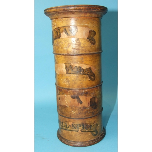 76 - A boxwood circular four-section spice tower, (damage to printed names), one section and lid with cra... 