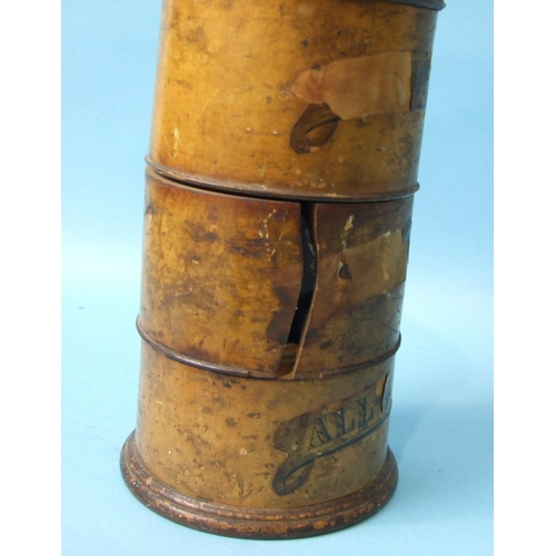 76 - A boxwood circular four-section spice tower, (damage to printed names), one section and lid with cra... 