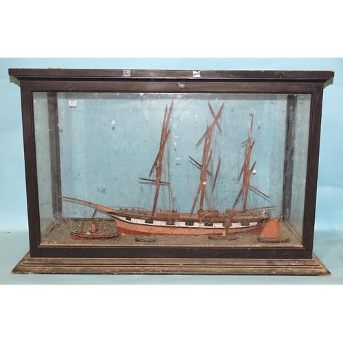 66 - An antique waterline diorama model of the three-masted top-sail schooner 'Minnie', 68cm long, accomp... 