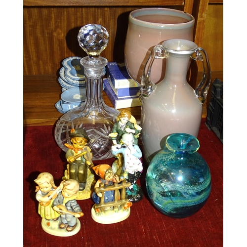 113 - Two Hummel figures: 'Happy Days' and 'Signs of Spring', various Wedgwood jasperware pin trays, a gla... 