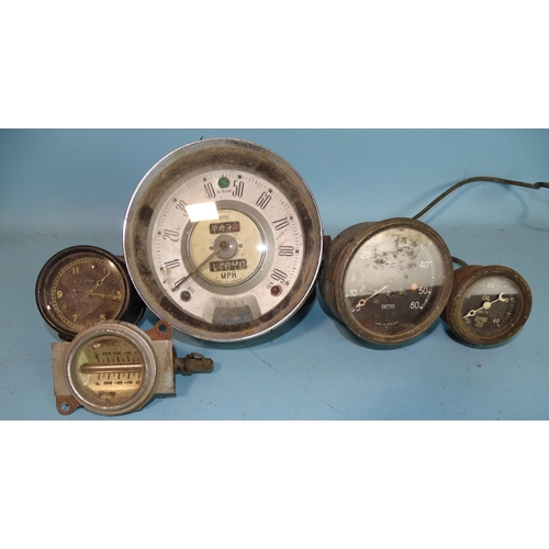 120 - A Smiths 0-60mph speedometer N x27317, another, 0-90mph, an Air Ministry 8-day clock with Bakelite c... 