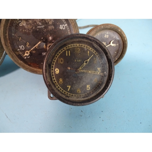 120 - A Smiths 0-60mph speedometer N x27317, another, 0-90mph, an Air Ministry 8-day clock with Bakelite c... 