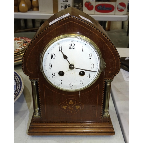 155 - A French inlaid mahogany striking mantel clock, the movement stamped Japy Freres, 26cm high, a brass... 