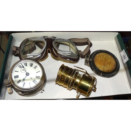 163 - A pair of vintage stadium motorcycle goggles marked BS4110X Stad, an Ansonia car clock, a 1926 tax d... 