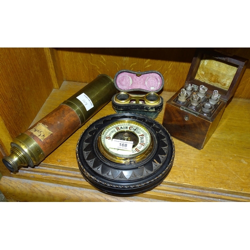 168 - A brass three-draw telescope, (a/f), an aneroid barometer, a pair of opera glasses and a 19th centur... 