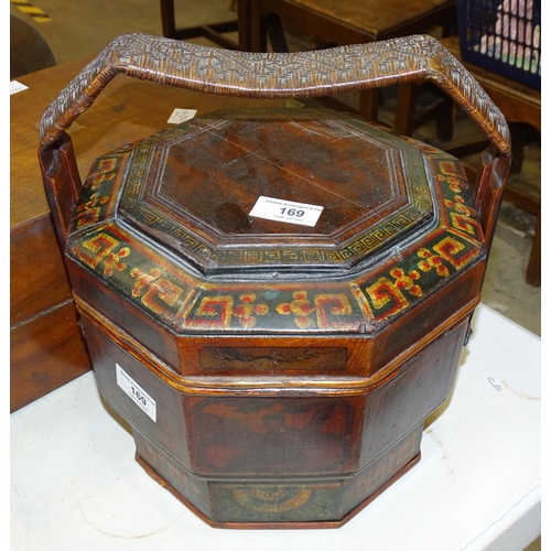 169 - A modern Oriental wooden food carrier of octagonal shape, decorated with panels of figures and flowe... 