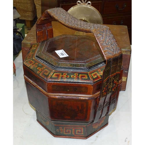 169 - A modern Oriental wooden food carrier of octagonal shape, decorated with panels of figures and flowe... 