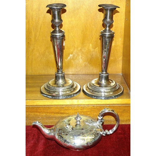 180 - A pair of plated candlesticks, 29cm high and other plated ware.