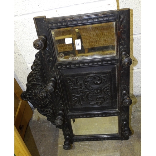 20 - Three late-19th century stained wood-seat kitchen chairs, one other, a carved oak hall mirror with c... 