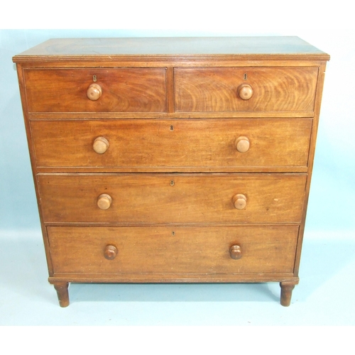 22 - A late-Victorian mahogany straight-front chest of two short and three long drawers, on turned legs, ... 