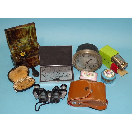 228 - A Smiths car clock, 10cm diameter, a Hohner Band 'C' harmonica in box, a pair of 'Greenkat' 6x15 fie... 