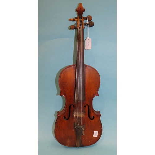 143 - A full-size violin (a/f), with one-piece back and bow, (no case).