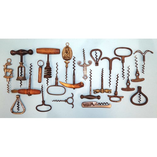 167 - A collection of eight wooden-handled corkscrews, including 'Hercules', three horn-handled corkscrews... 