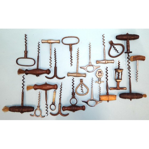 167 - A collection of eight wooden-handled corkscrews, including 'Hercules', three horn-handled corkscrews... 