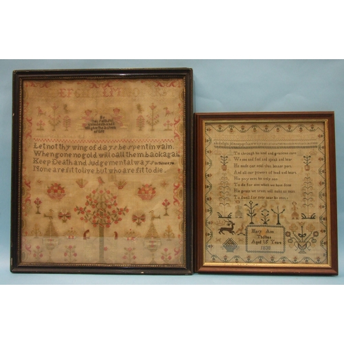 161 - A mid-19th century needlework sampler, worked with alphabet, trees, birds, figures and verse by Jane... 