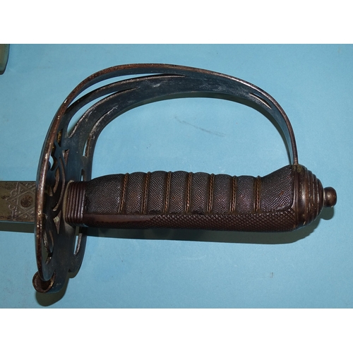 167 - A George V basket-hilted sword, the wire-bound fish skin grip with thumb depression, the edged singl... 