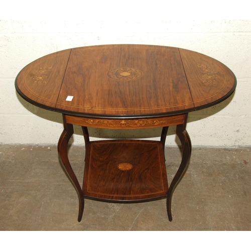 83 - An Edwardian inlaid rosewood drop-leaf occasional table, on shaped legs joined by an undertier, 80 x... 