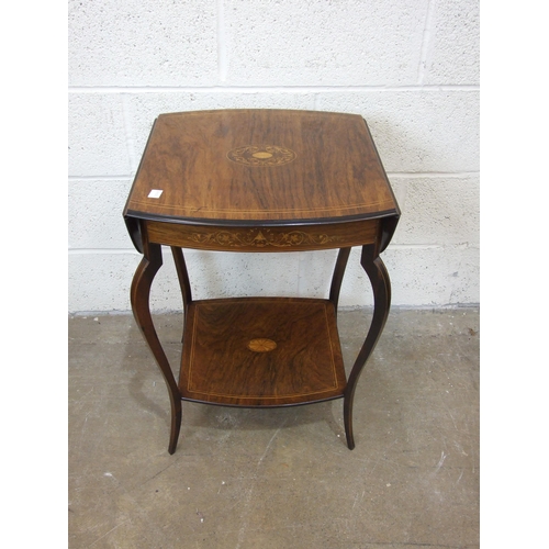 83 - An Edwardian inlaid rosewood drop-leaf occasional table, on shaped legs joined by an undertier, 80 x... 