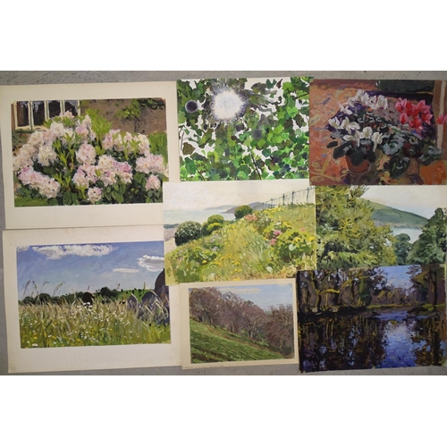 64 - A collection of eight works on paper depicting flowers and plants, 56 x 39cm, together with approxim... 