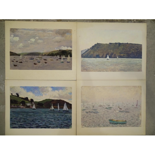 65 - A collection of twelve works on paper, gouache and watercolour, depicting boats in an estuary, (main... 