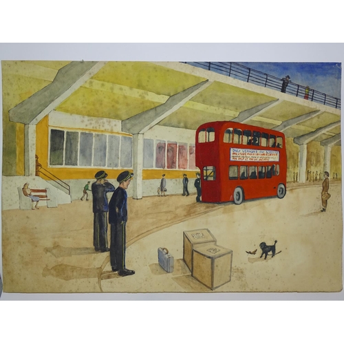 68 - A watercolour on paper depicting Bretonside bus station, 38 x 56cm, (foxing).