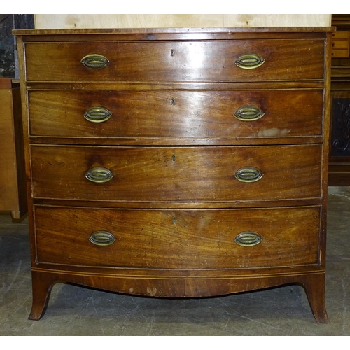 82 - A 19th century bow-fronted chest of four cockbeaded drawers, on splayed bracket feet, 99cm wide, 96c... 