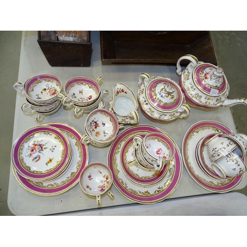 100 - A collection of 19th century English tea-ware decorated with gilt and puce border and sprays of flow... 