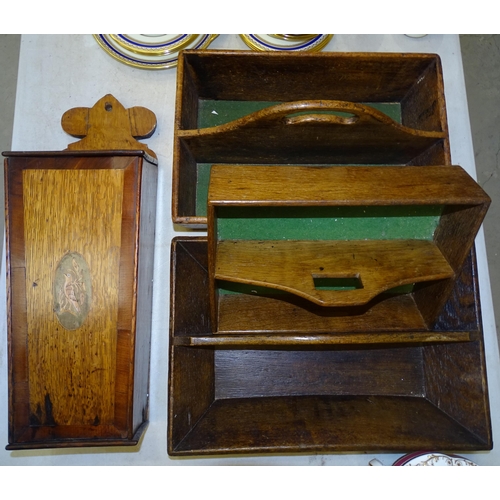 103 - Two 19th century wooden two-division cutlery trays, one other and an inlaid wood hanging candle box ... 