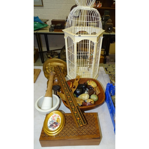 107 - A painted wood and wire hexagonal bird cage, 72cm high, other wooden items, polished stone eggs, a p... 