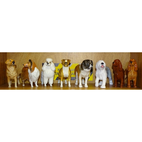 149 - Seven Beswick dogs: Cocker Spaniel, brown gloss (2), Rough Collie, Old English Sheep Dog - Walking, ... 