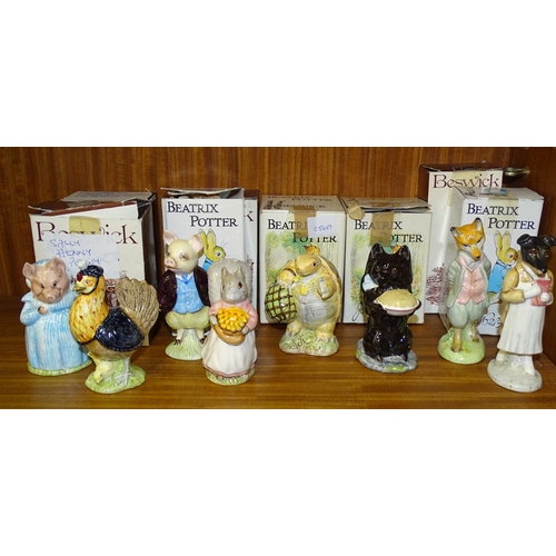 151 - Eight Beswick Beatrix Potter figures, all BP3: Aunt Pettitoes, Sally Henny Penny, Pigling Bland, Goo... 