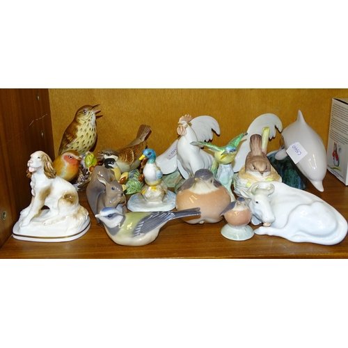 152 - Thirteen ceramic bird ornaments, including four by Royal Worcester: Thrush, Sparrow, Marsh... 