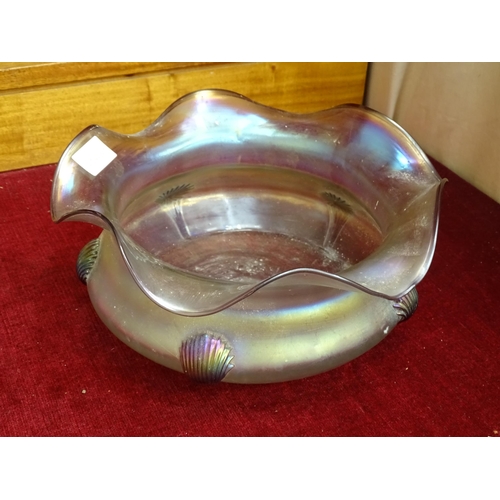 160 - A Loetz style iridescent glass bowl with shell shape appliques and wavy rim, 25cm diameter, 11.5cm h... 