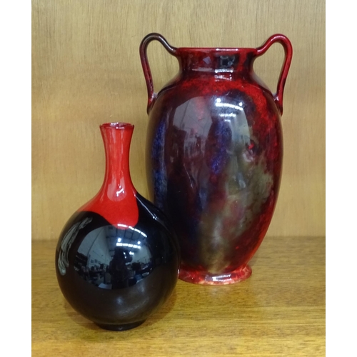 168 - A Royal Doulton flambe two-handled vase of ovoid form, mottled red ground, Royal Doulton flambe back... 