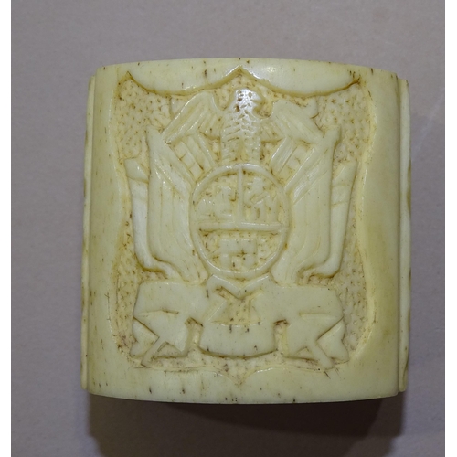 196 - Boer War interest, a bone napkin ring carved with flags and coat of arms and inscribed, Ma... 