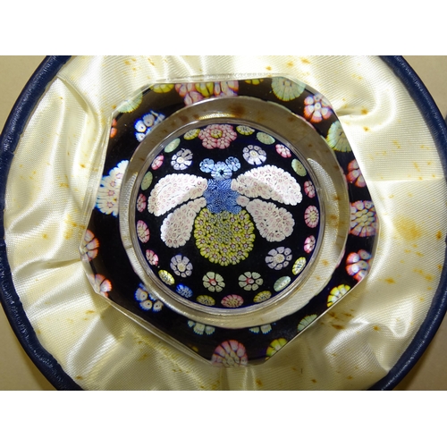 197 - A Whitefriars facetted millefiori bumble bee art glass paperweight, the body of blue stardust-type a... 