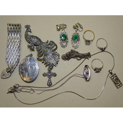 209 - A marcasite-set silver peacock brooch, a similar buggy racing brooch, a silver bracelet and other si... 