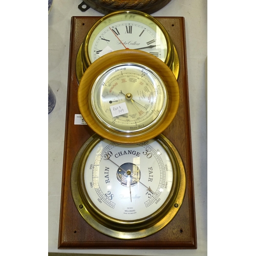 49 - An aneroid barometer in oak rope-twist surround, 26.5cm diameter overall, a Foster Callear brass shi... 