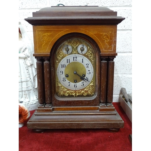 78 - A late 19th century mahogany mantel clock, the brass dial with Arabic numerals, chime/silent and slo... 