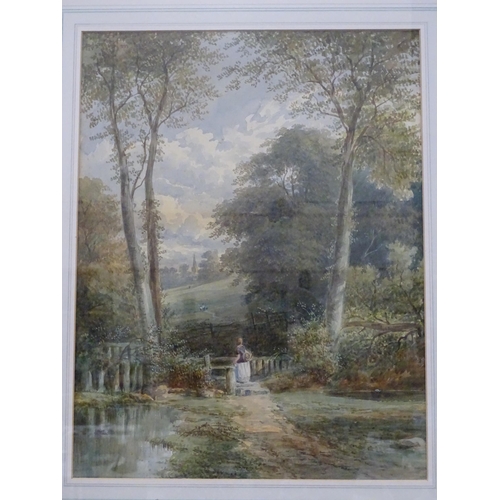 84 - Late 19th/early 20th century, Rural Woodland Scene with Figures, unsigned watercolour, 44 x 33.5cm, ... 