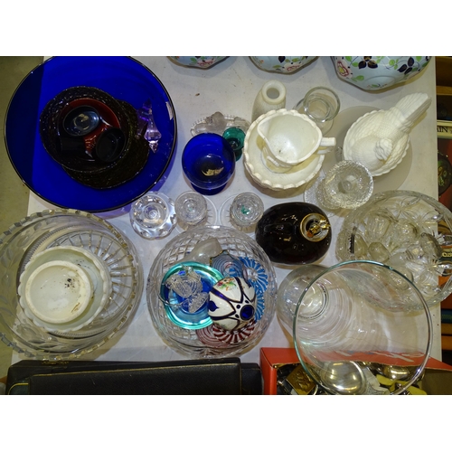 88 - Three cut glass bowls,  a blue glass bowl, various drinking glasses and other coloured and clear gla... 