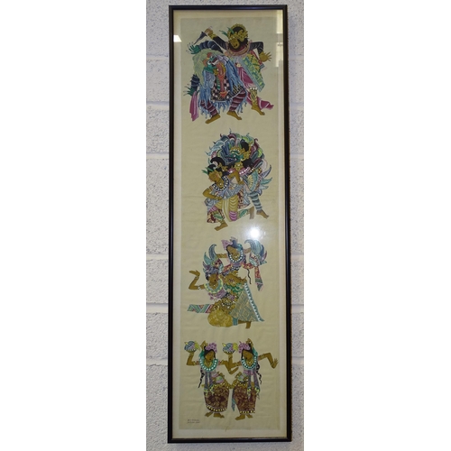 92 - M D LaBing Ba Tuan - Bali, four depictions of dancers painted on material, signed, 89 x 21cm, an uns... 