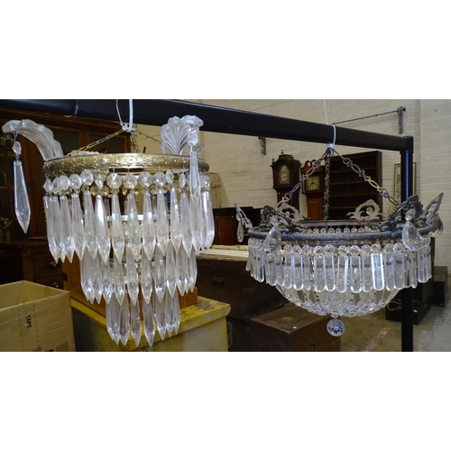 94 - A circular metal-framed two-tier cut glass drop hanging light fitting, 44.5cm diameter, 29cm high, t... 