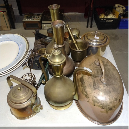 109 - A plated food cover, ice bucket and a collection of Eastern brass decorative and practical wares.... 