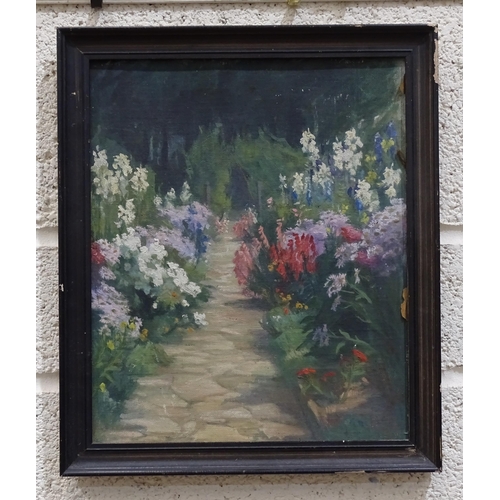 112 - Three 1920's oil paintings on board, garden scenes with flowers, one inscribed Painted by Miss Garne... 