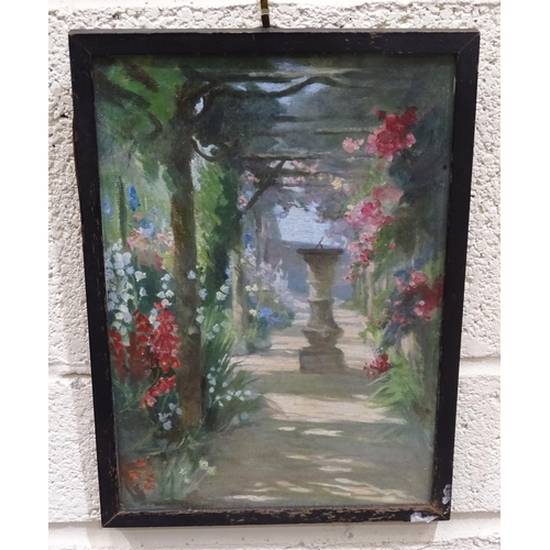 112 - Three 1920's oil paintings on board, garden scenes with flowers, one inscribed Painted by Miss Garne... 