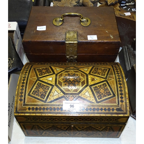 96 - A leather suitcase, 65 x 38cm, an inlaid wooden dome-top jewellery box, one other wooden box, a pair... 