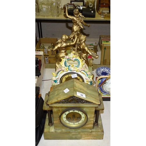 98 - A gilt and green onyx finish three-piece clock garniture surmounted by classical female figures, a g... 